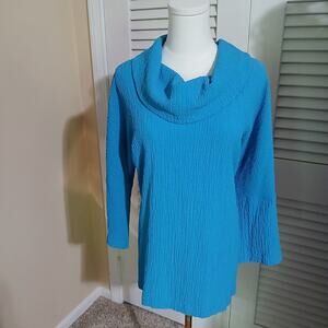 Ali Miles Medium Aqua Raglan-Long-Sleeved Crinkle Fabric Cowl-Neck Slit-Hem Top